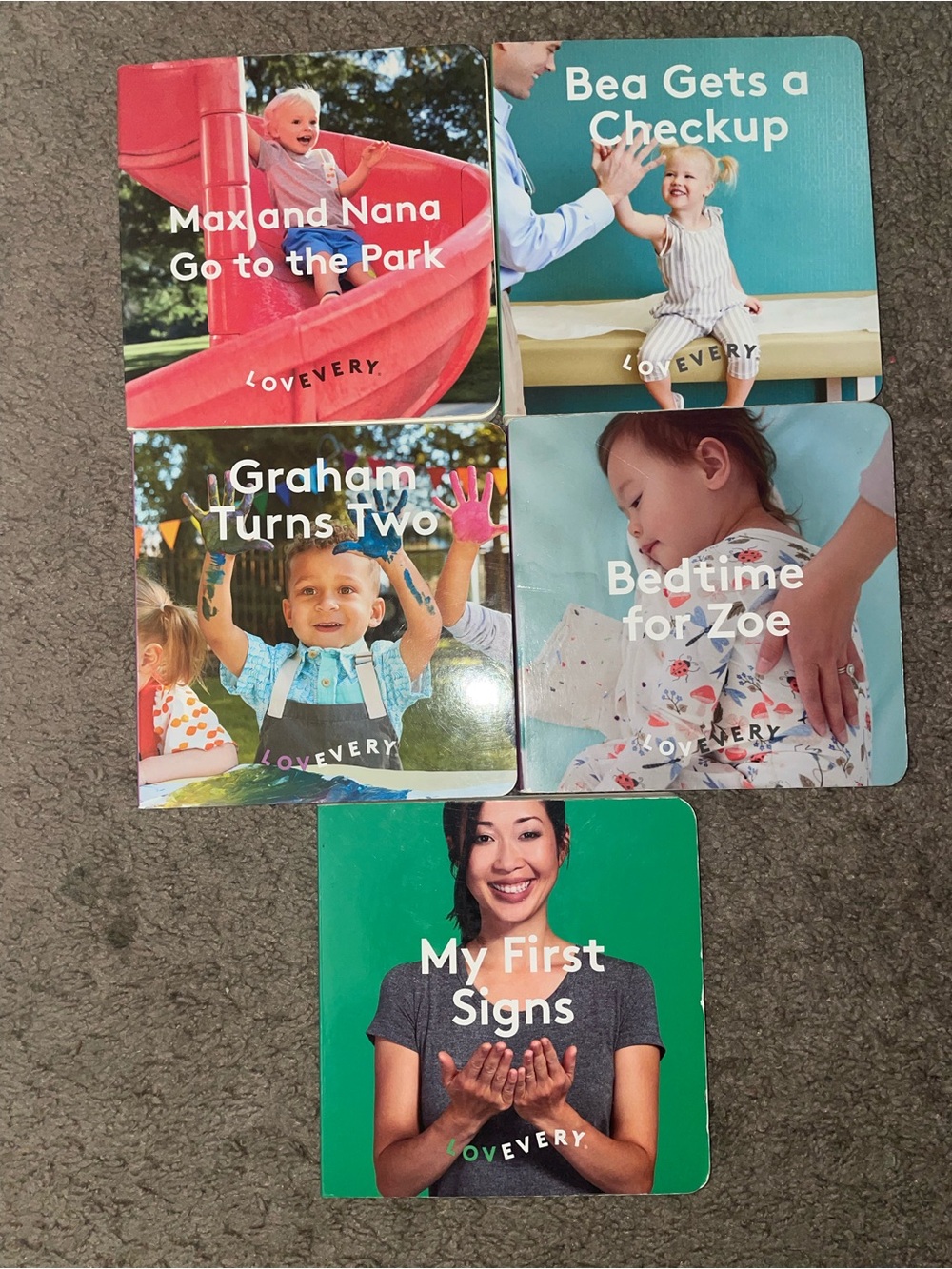 5 Lovevery Book Lot Bundle (graham turns 2, bedtime, first signs, checkup, park)